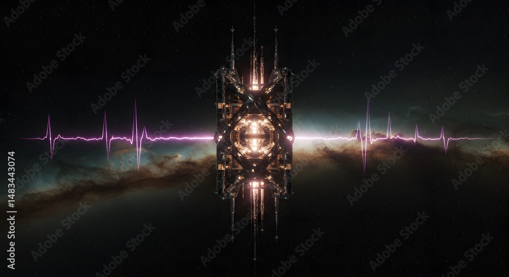 Aufkleber complex structure in space with heartbeat lines and nebula clouds surrounding it