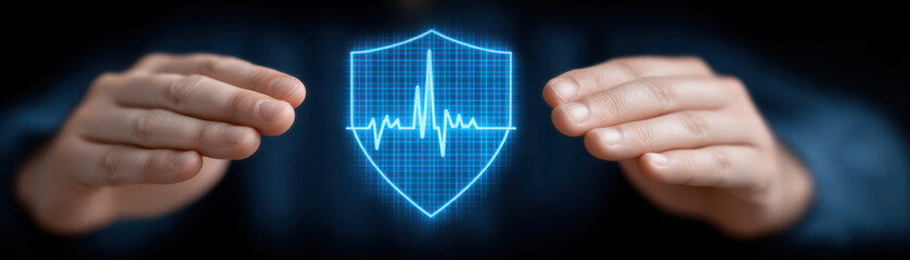 Naklejka premium Digital shield symbol health monitoring insurance options risk management technology hands protection healthcare