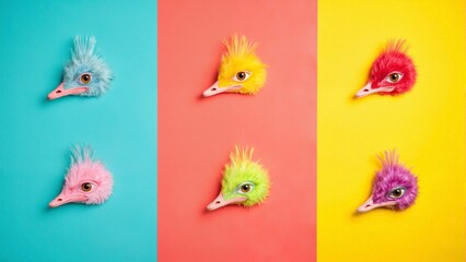 A row of colorful bird heads are displayed on a bright yellow background