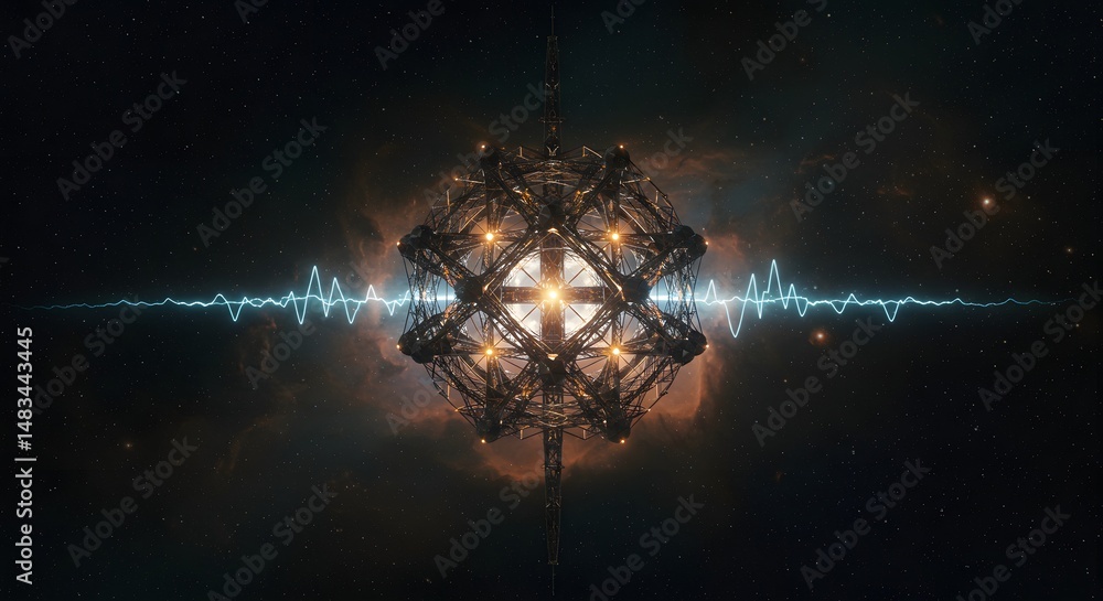 Poster complex structure with lights in space surrounded by a nebula and sound waves