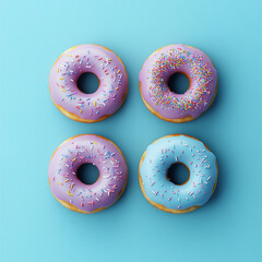 Colorful donuts with sprinkles and icing placed on a bright blue background. Fun and vibrant composition, perfect for food blogs, advertisements, dessert menus, or playful design projects.

