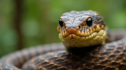 Fototapeta premium Intense Gaze of the Serpent: A close-up shot of a serpent, showcasing its detailed scales and piercing eyes, conveying an aura of captivating mystery.