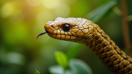 Obraz premium Curious Gaze: The vibrant serpent, with a keen eye and extended tongue, explores the dense foliage, embodying the essence of the wild.