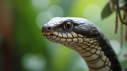 Fototapeta premium Snake Profile: A captivating close-up of a snake's head, its scales glisten subtly in the filtered light of the forest, creating a captivating display of nature's textures and patterns. 