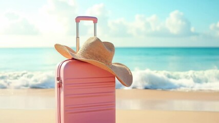 Pink suitcase with straw hat on sunny beach at tropical caribbean resort. Vibrant luggage on sandy shore with sea on background. Summer holiday luggage packing and travel concept