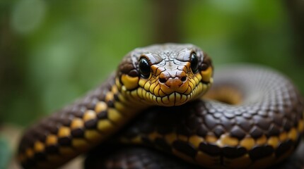 Obraz premium Snake Close-Up: An intimate portrayal of a snake, its detailed scales and intense gaze dominating the frame against a blurred natural backdrop. 