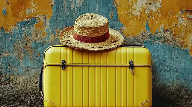 A vibrant yellow suitcase rests against a colorful weathered wall, with a straw hat placed on top, evoking a sense of travel and adventure
