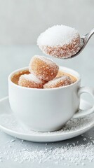 Sugar coated sweets being added to coffee in a white cup. Spoon holds candy over the hot drink with sprinkles around