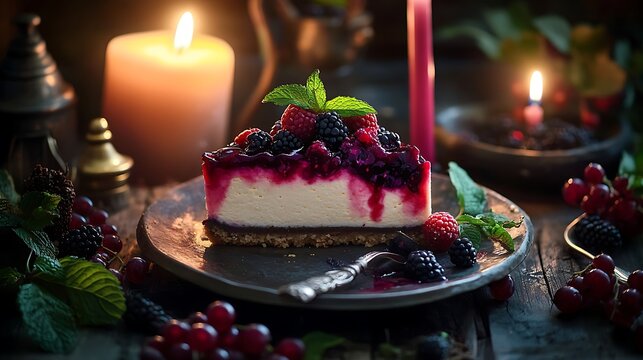 Berry Topped Cheesecake with Candles and Berries
