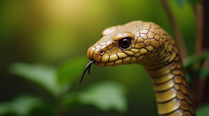 Obraz premium The Serpent's Gaze: A detailed portrait of a snake, its scales glistening, its tongue flickering, set against a backdrop of lush green foliage.