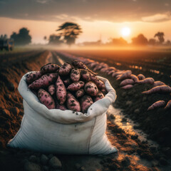 Harvesting large white potatoes close-up in canvas bag, farmer in field. Concept growing and harvesting organic vegetables.