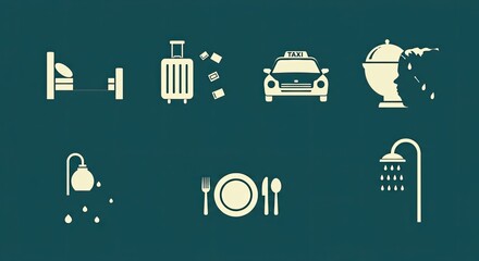 Hotel and travel icons depicting vacation essentials and hospitality services