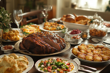 Festive Hanukkah Dining Table with Jewish Traditional Foods – Brisket, Latkes, Challah Bread in Cozy Natural Lighting