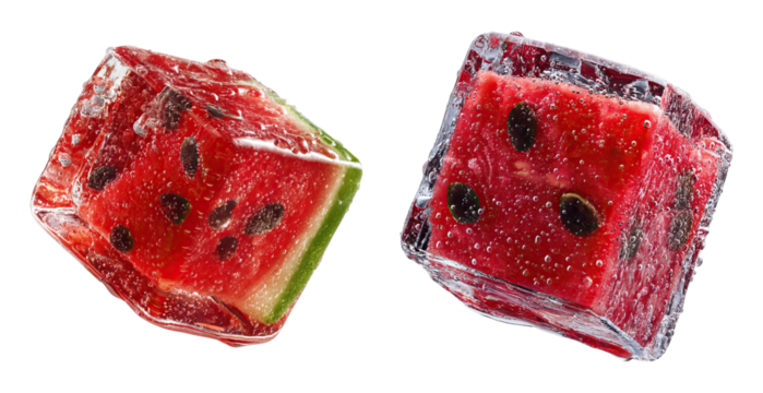 Watermelon cube frozen in ice with bubbles, fresh fruit with seeds, refreshing summer snack