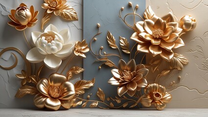 Abstract Golden Flower Arrangement: Modern Art
