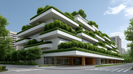 A modern glass office building wrapped in cascading living green walls and rooftop trees, with sunlit atriums filled with potted saplings and outdoor terraces planted for natural carbon dioxide