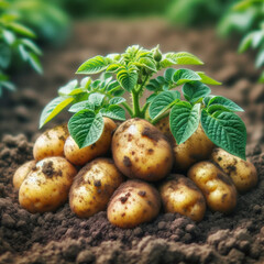 Harvest large white potatoes lying on ground in field next to potato bushes in farm field. Concept growing and harvesting organic vegetables.