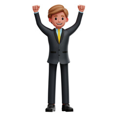 3D businessman character raising hands in celebration of success.
