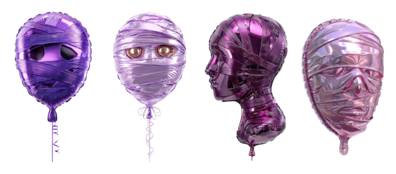 Metallic purple balloon faces wrapped in shiny ribbons with expressive emotions and reflections