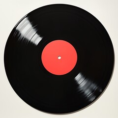 Black Vinyl Record with Red Label Captures the Nostalgia of Analog Audio Experience and Listening Pleasure.