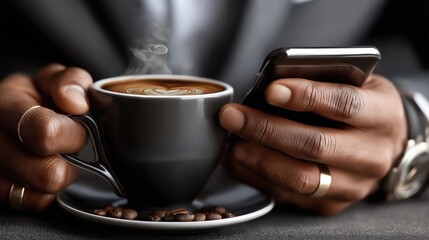 Businessman checking messages on his cellphone while enjoying a hot cup of coffee in a modern coffee shop