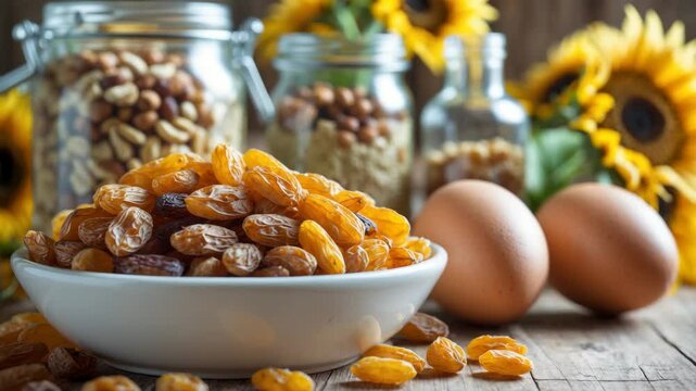 Assortment of high-quality fat and carbohydrate sources. Nutritious meal suggestion. Dried raisins and fresh eggs showcased with jars of nuts and flowers. Selective focus.
