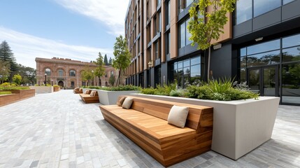 Sustainable workplace exterior plaza paved with permeable stones, ringed by young trees in planter wells, built-in bench seating, art installations, and office floor glazing overlooking the