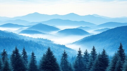 Fototapeta premium Misty Mountain Landscape with Blue Hues and Dense Evergreen Forest Panorama