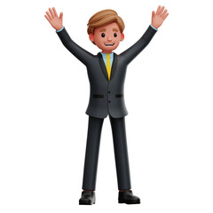 Fototapeta premium 3D businessman character smiling and raising hands joyfully.