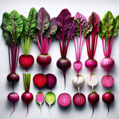Freshly harvested red beetroot with leaves on table, whole, cut, glass of juice, on wooden table. Harvest season, environmentally friendly vegetable growing.