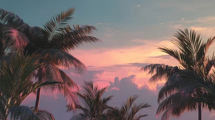 Majestic palm trees silhouetted against a dramatic sunset sky with pink and teal hues creating a dreamy tropical vibe for travel and vacation concepts