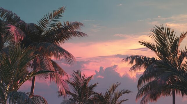 Majestic palm trees silhouetted against a dramatic sunset sky with pink and teal hues creating a dreamy tropical vibe for travel and vacation concepts - Powered by Adobe