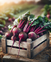 Fresh harvested beetroots in wooden crate, pile of homegrown organic beets with leaves on soil background. Harvest season, environmentally friendly vegetable growing.