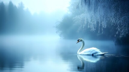 Obraz premium A solitary swan gracefully gliding across a misty lake, its elegant white feathers standing out against the tranquil water.