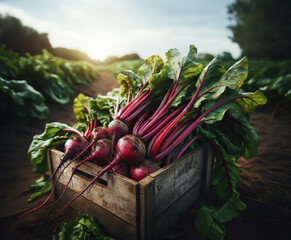 Fresh harvested beetroots in wooden crate, pile of homegrown organic beets with leaves on soil background. Harvest season, environmentally friendly vegetable growing.