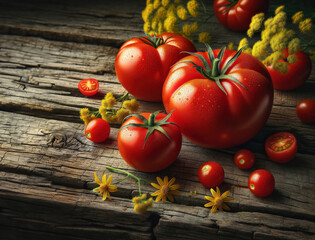 Ripe tomatoes on stem in greenhouse. Harvest season, environmentally friendly vegetable growing.