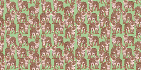 Tigers illustration pattern on green wallpaper background. Children print for baby textiles with cute wild zoology animals