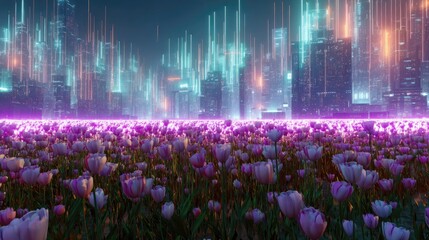 A dystopian tulip field illuminated by neon holographic projections in a futuristic metropolis