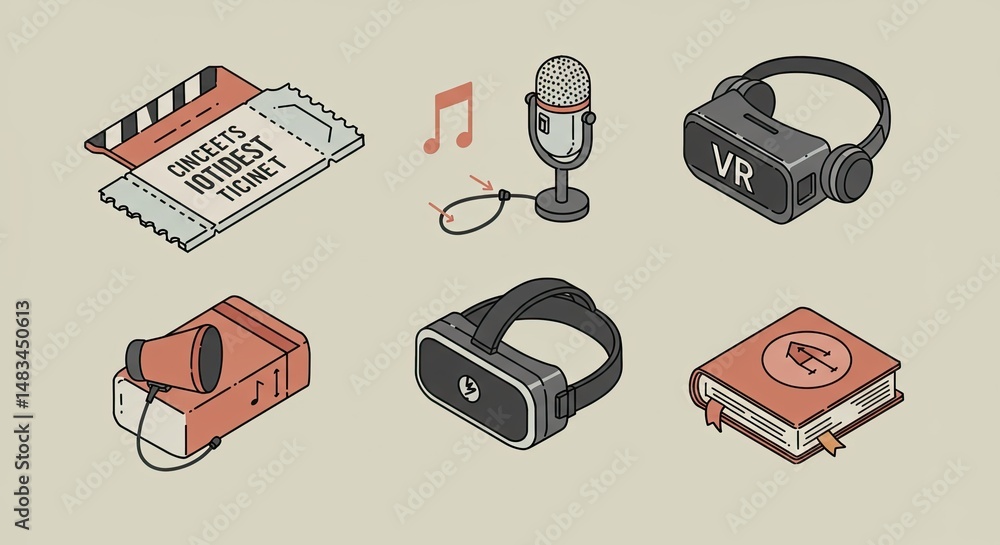 Poster Isometric illustration of entertainment and technological objects on a beige background