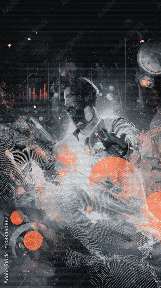 Aufkleber businessman analyzing graphs and charts through a futuristic interface, immersed in a digital enviro