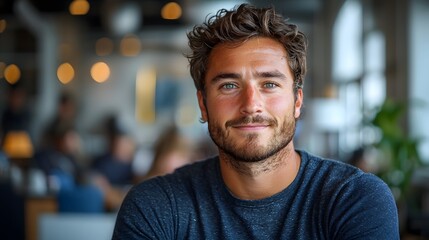 A friendly looking man smiling casually in a cafe