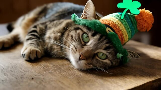 Tabby cat rests on wooden floor wearing a Saint Patrick's Day themed hat with shamrock decoration.
