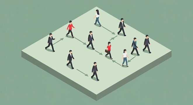 Isometric illustration of people walking in a social distancing arrangement - Powered by Adobe