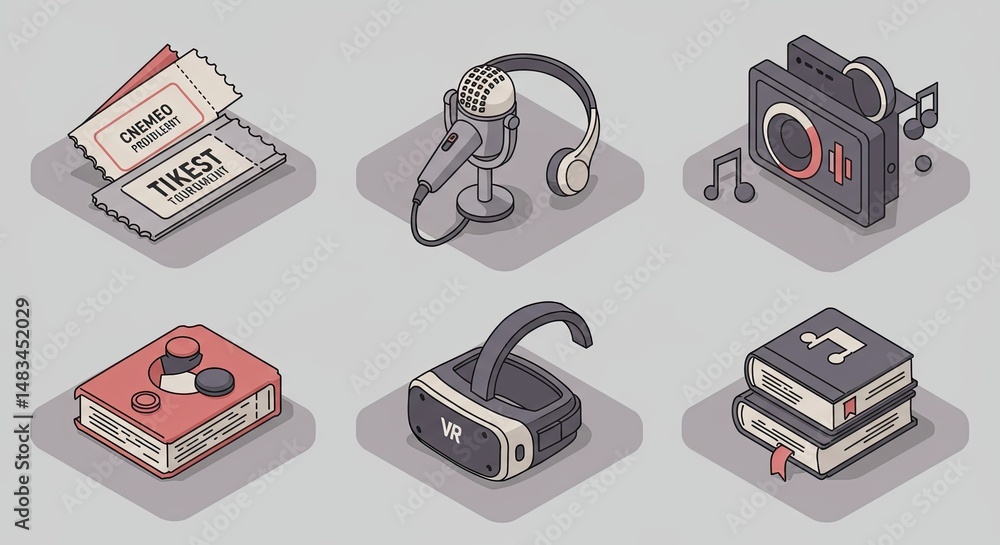 Poster Isometric illustrations of entertainment and technology related objects and concepts