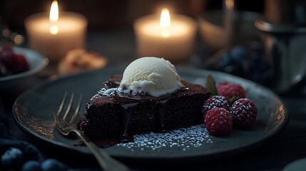 Chocolate Cake with Ice Cream and Berries