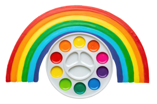 PNG Vibrant rainbow arc and watercolor palette with multicolored paints