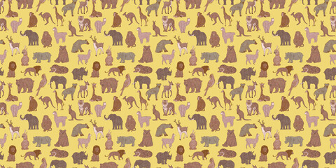 Children yellow wallpaper with different kinds of wild animals. Seamless zoo pattern. Hand drawn illustration