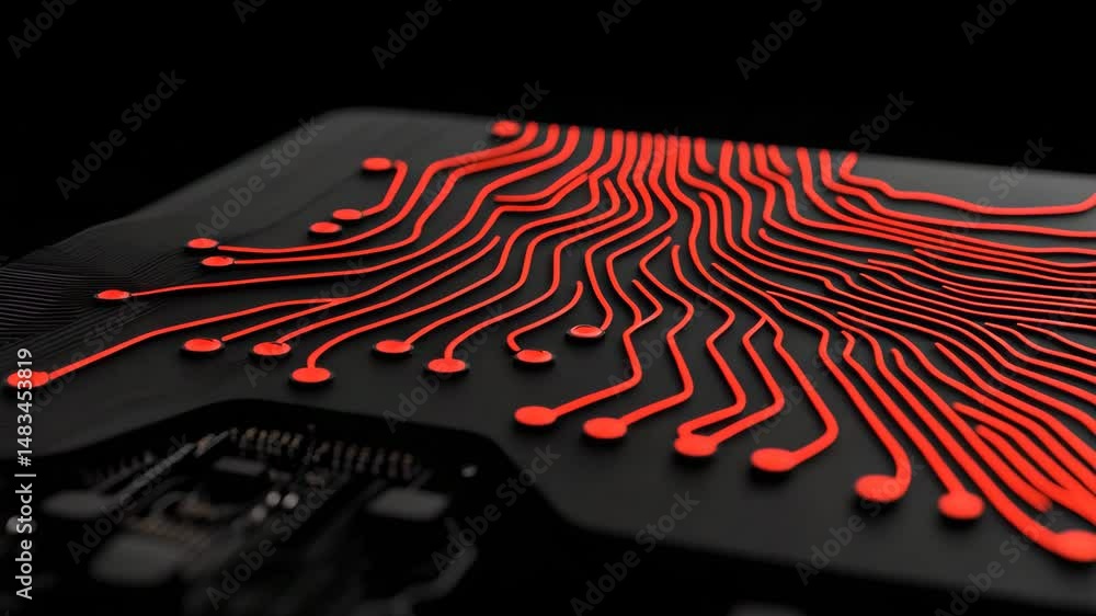 Poster circuit board: a close-up shot reveals the intricate lines of a circuit board, illuminated with glow