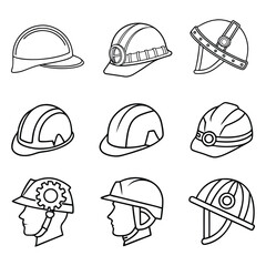 Set of helmet, hard hat outline icons