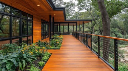 Modern home's exterior deck walkway with lush landscaping.